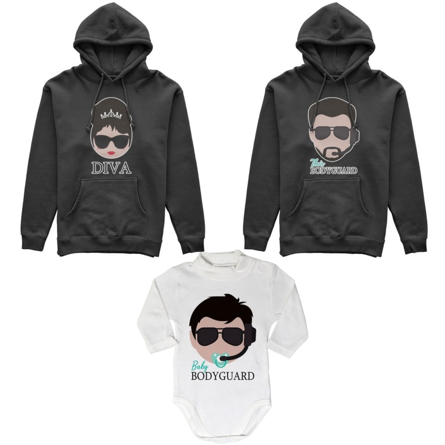 Tris felpe adulti neonato o body lupetto neonato bodyguard diva baby bodyguard Per la famiglia