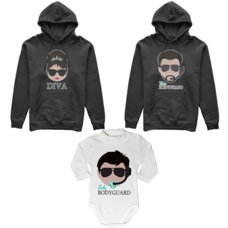 Tris felpe adulti neonato o body lupetto neonato bodyguard diva baby bodyguard Per la famiglia