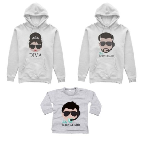Tris felpe adulti neonato o body lupetto neonato bodyguard diva baby bodyguard Per la famiglia