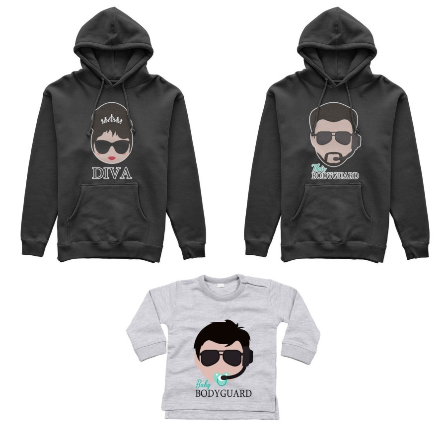 Tris felpe adulti neonato o body lupetto neonato bodyguard diva baby bodyguard Per la famiglia