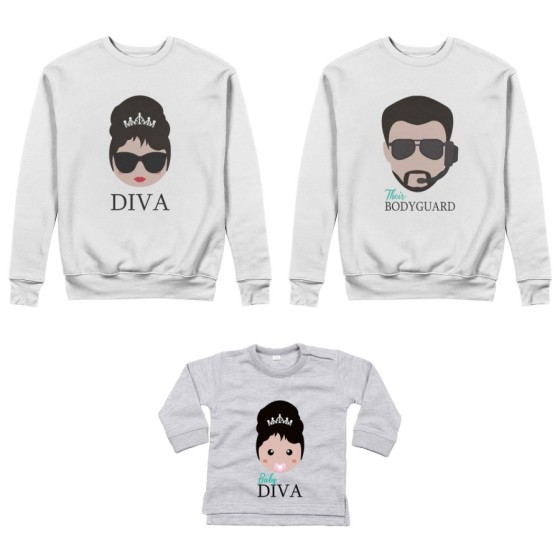 Tris felpe adulti neonato o body lupetto neonato bodyguard diva baby diva Per la famiglia