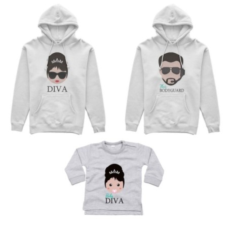 Tris felpe adulti neonato o body lupetto neonato bodyguard diva baby diva Per la famiglia