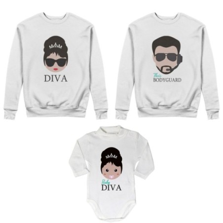 Tris felpe adulti neonato o body lupetto neonato bodyguard diva baby diva Per la famiglia