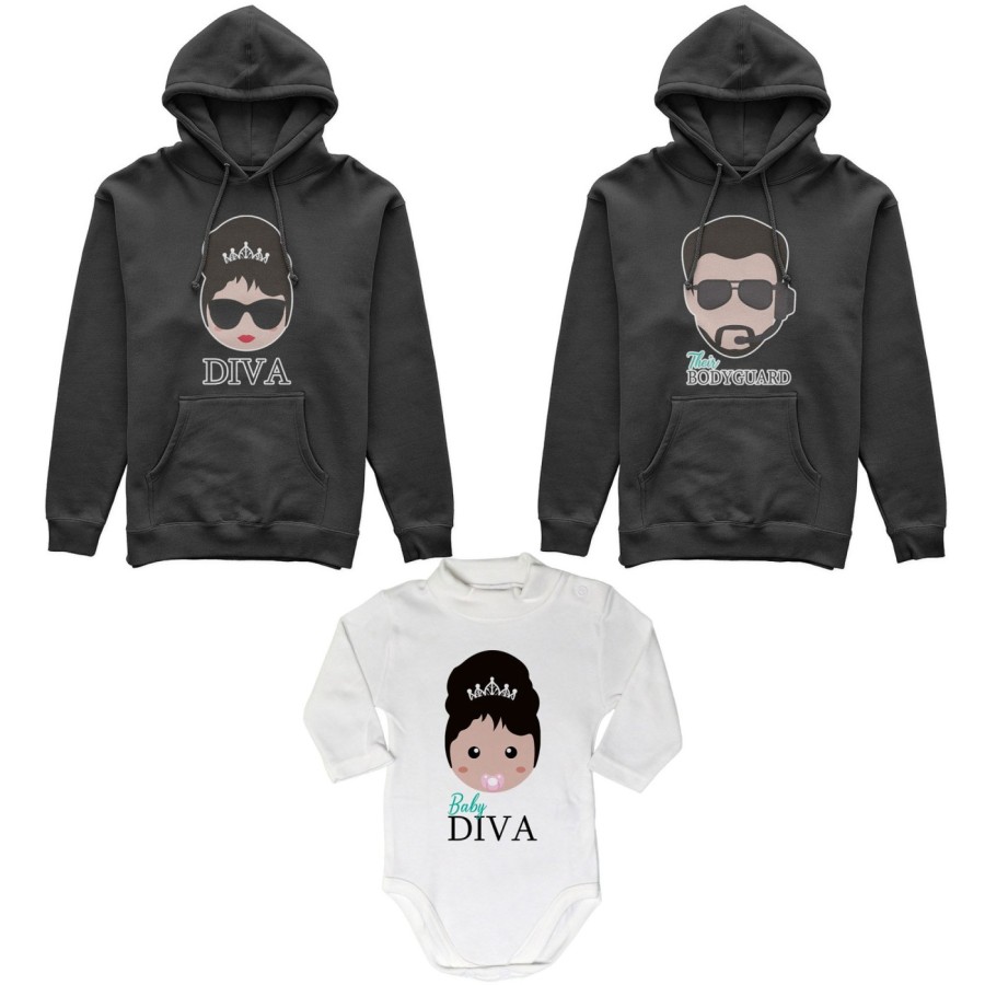 Tris felpe adulti neonato o body lupetto neonato bodyguard diva baby diva Per la famiglia