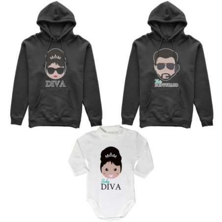 Tris felpe adulti neonato o body lupetto neonato bodyguard diva baby diva Per la famiglia