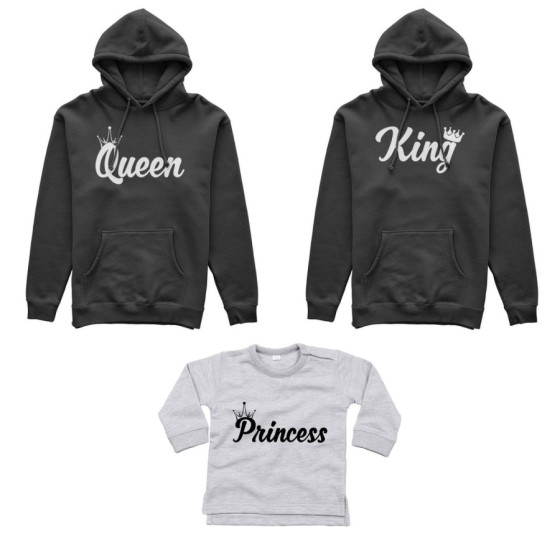 Tris felpe adulti o body lupetto personalizzabile con nomi king queen con corona prince princess con corona Per la famiglia 2