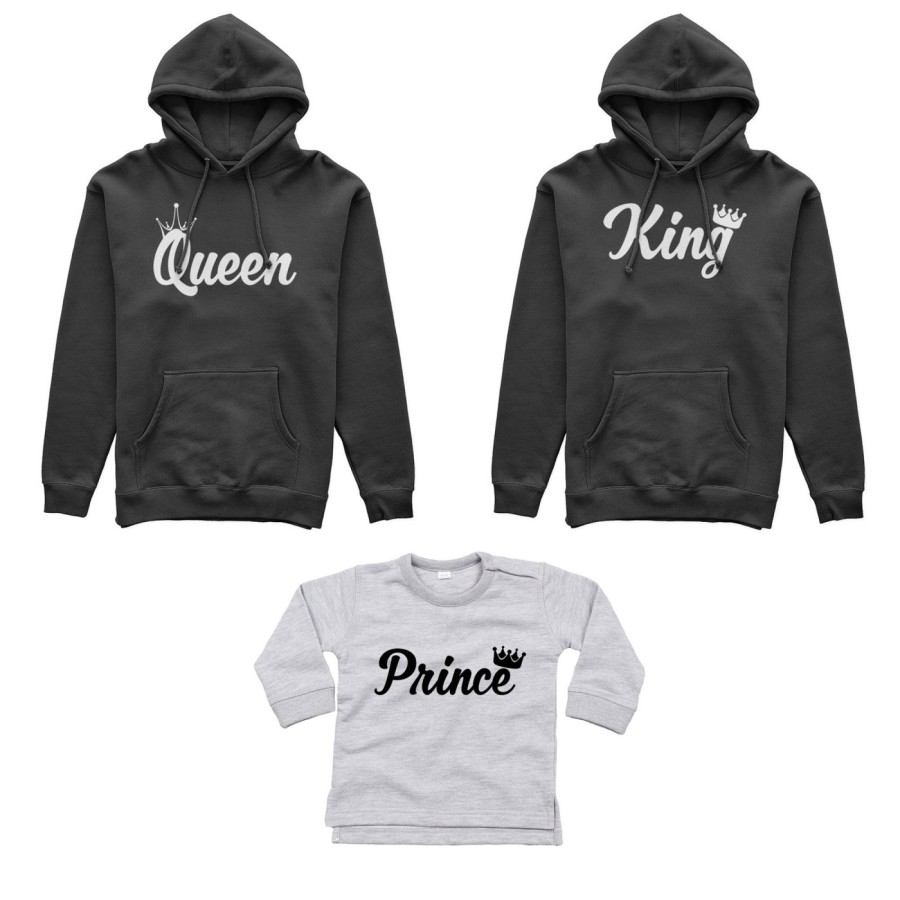 Tris felpe adulti o body lupetto personalizzabile con nomi king queen con corona prince princess con corona Per la famiglia