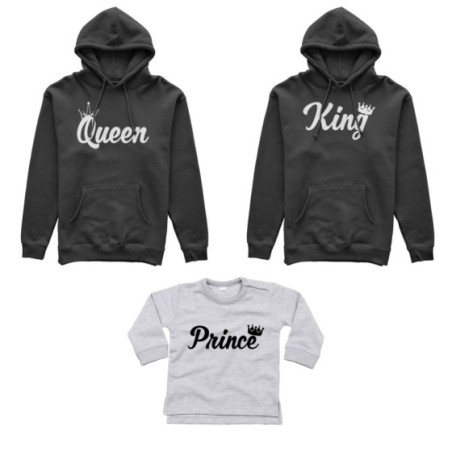 Tris felpe adulti o body lupetto personalizzabile con nomi king queen con corona prince princess con corona Per la famiglia