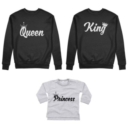 Tris felpe adulti o body lupetto personalizzabile con nomi king queen con corona prince princess con corona Per la famiglia