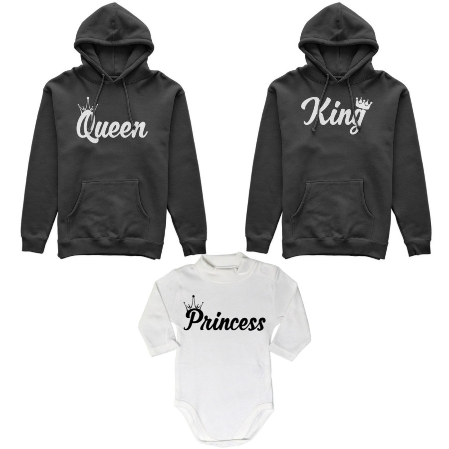 Tris felpe adulti o body lupetto personalizzabile con nomi king queen con corona prince princess con corona Per la famiglia