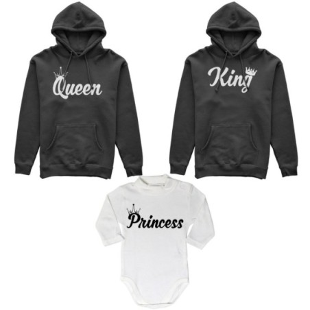 Tris felpe adulti o body lupetto personalizzabile con nomi king queen con corona prince princess con corona Per la famiglia
