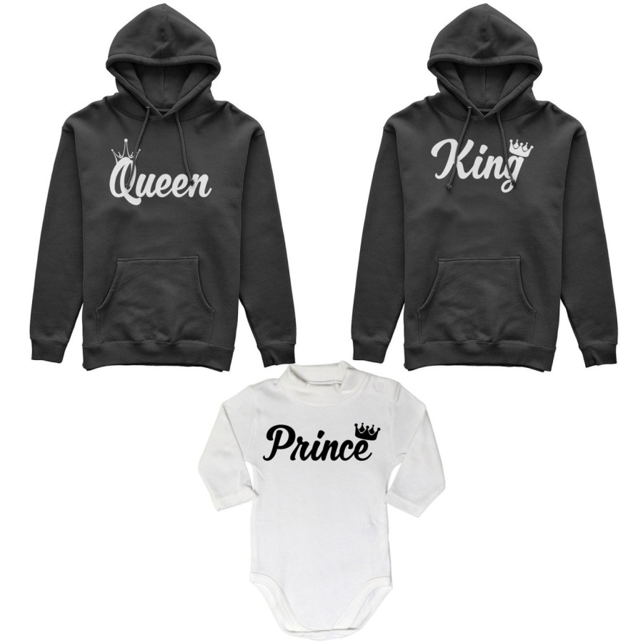 Tris felpe adulti o body lupetto personalizzabile con nomi king queen con corona prince princess con corona Per la famiglia