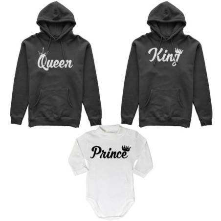 Tris felpe adulti o body lupetto personalizzabile con nomi king queen con corona prince princess con corona Per la famiglia