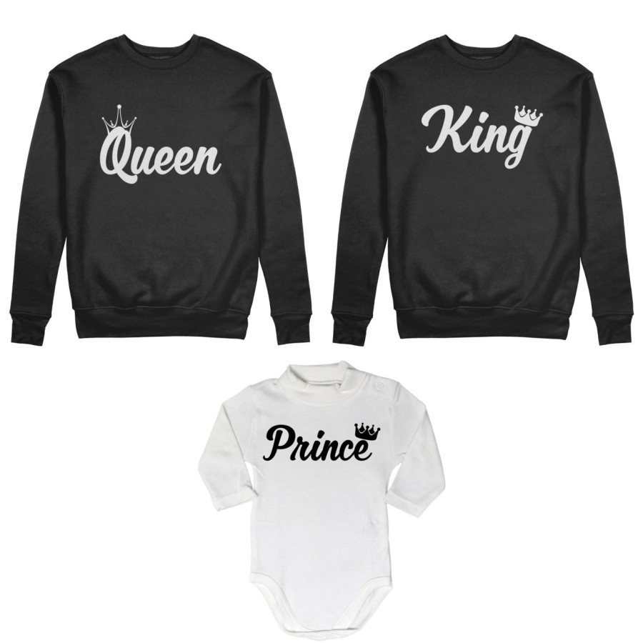 Tris felpe adulti o body lupetto personalizzabile con nomi king queen con corona prince princess con corona Per la famiglia