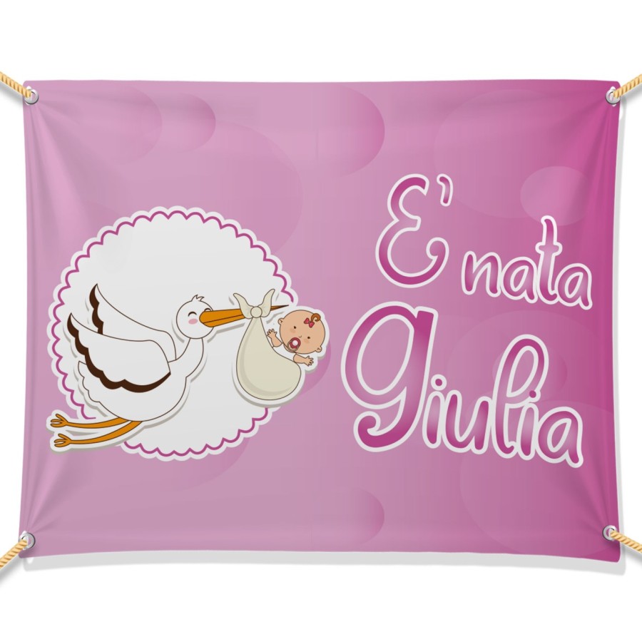 Striscione personalizzato con nome è nato è nata con cicogna e bebè  Nascita