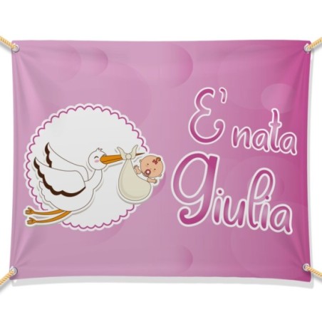 Striscione personalizzato con nome è nato è nata con cicogna e bebè  Nascita