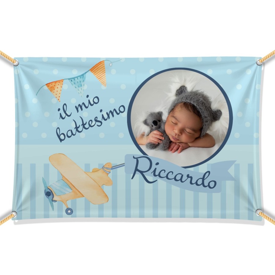 Striscione personalizzato con nome e foto il mio battesimo a tema aereoplanino Battesimo