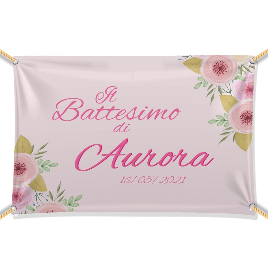 Striscione personalizzato con nome e data il battesimo di con fiori rosa e gialli Battesimo