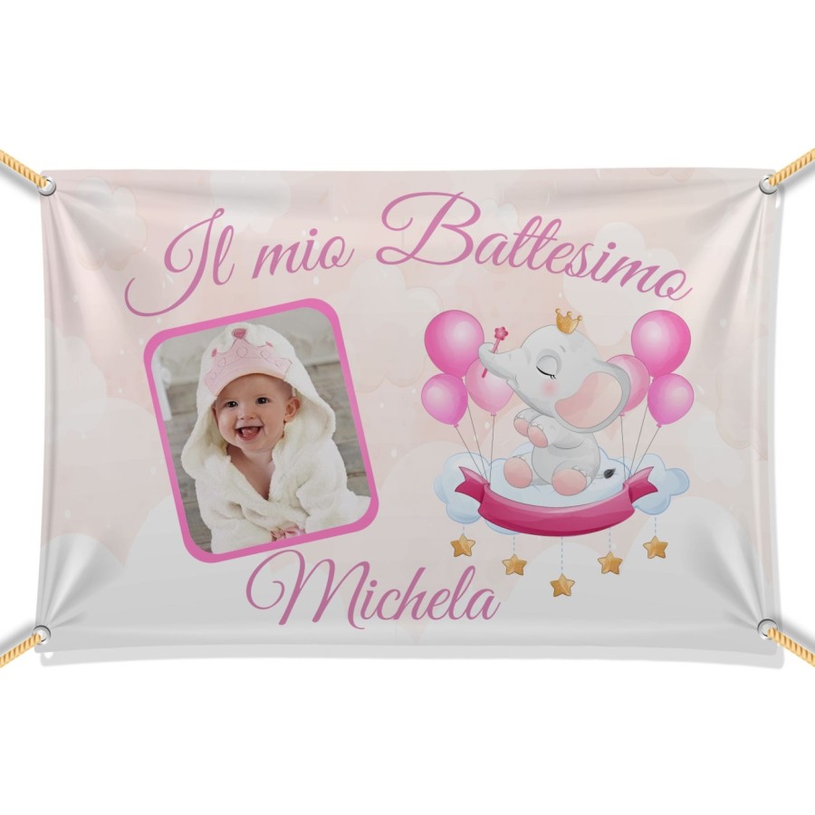 Striscione personalizzato con nome e foto il battesimo di a tema elefantino Battesimo