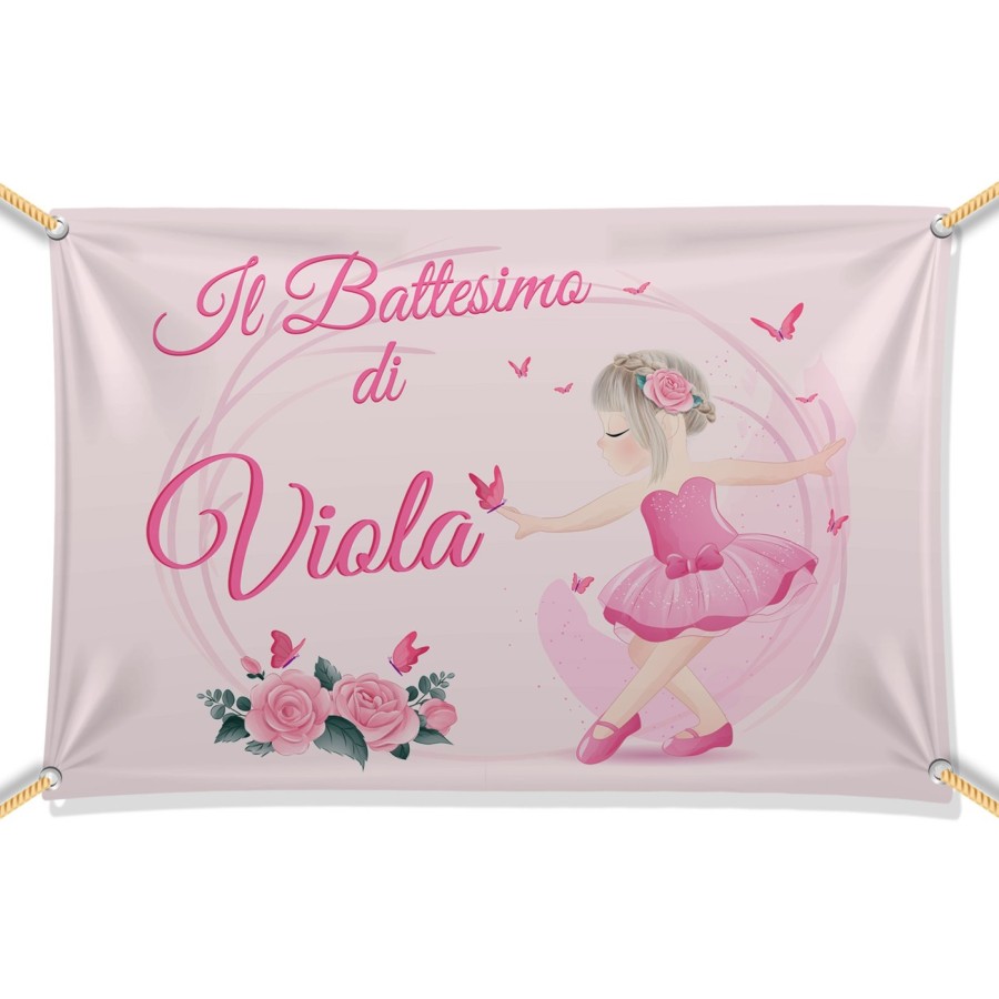 Striscione personalizzato con nome il battesimo di a tema ballerina rosa Battesimo
