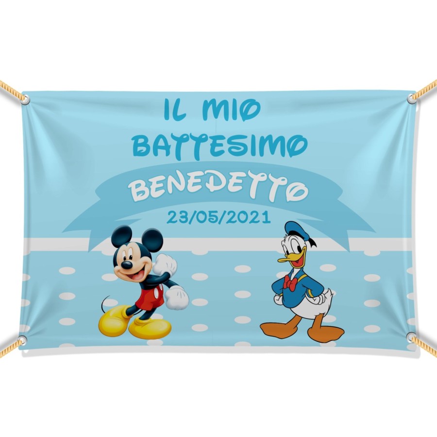 Striscione personalizzato con nome e data il battesimo di con paperino e topolino Battesimo