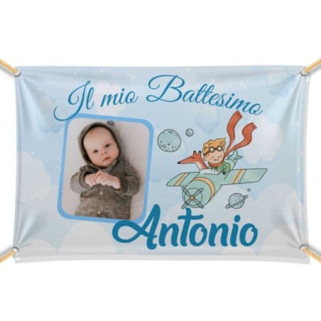 Striscione personalizzato con nome e foto il mio battesimo a tema piccolo principe sull'aereo Battesimo