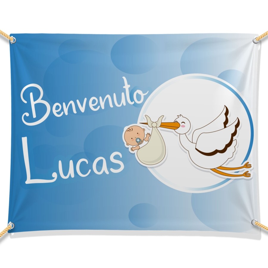 Striscione personalizzato con nome di benvenuto con cicogna e bebè  Nascita