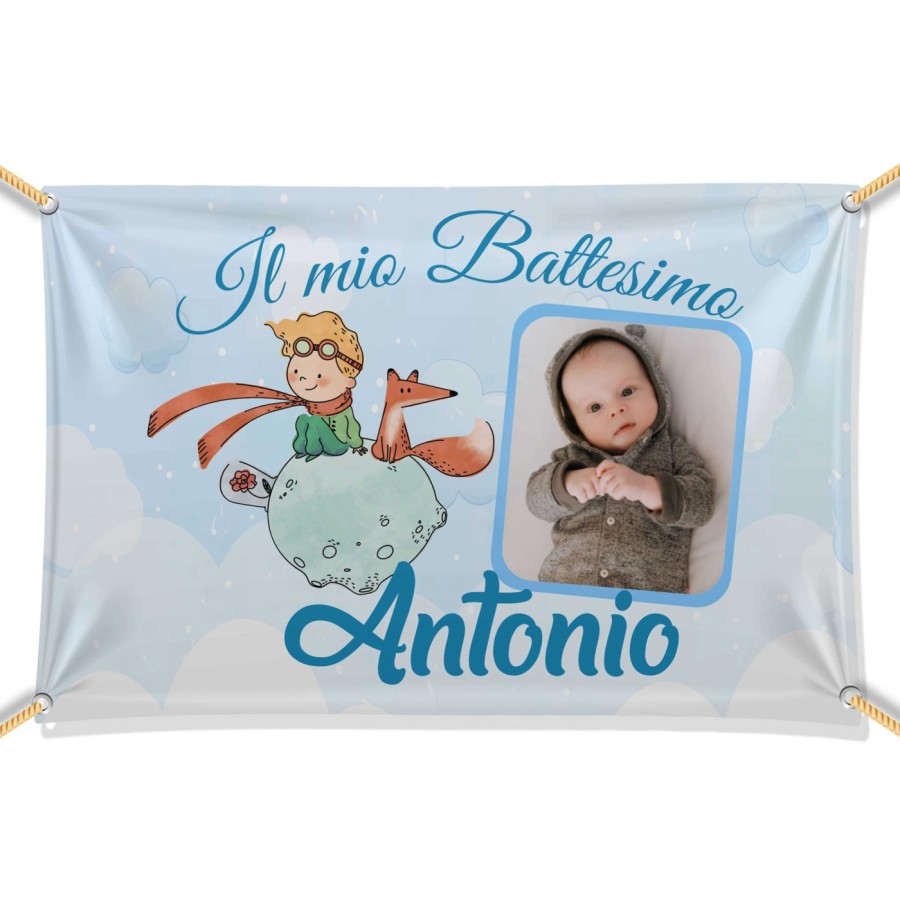 Striscione personalizzato con nome e foto il mio battesimo a tema piccolo principe sulla luna Battesimo