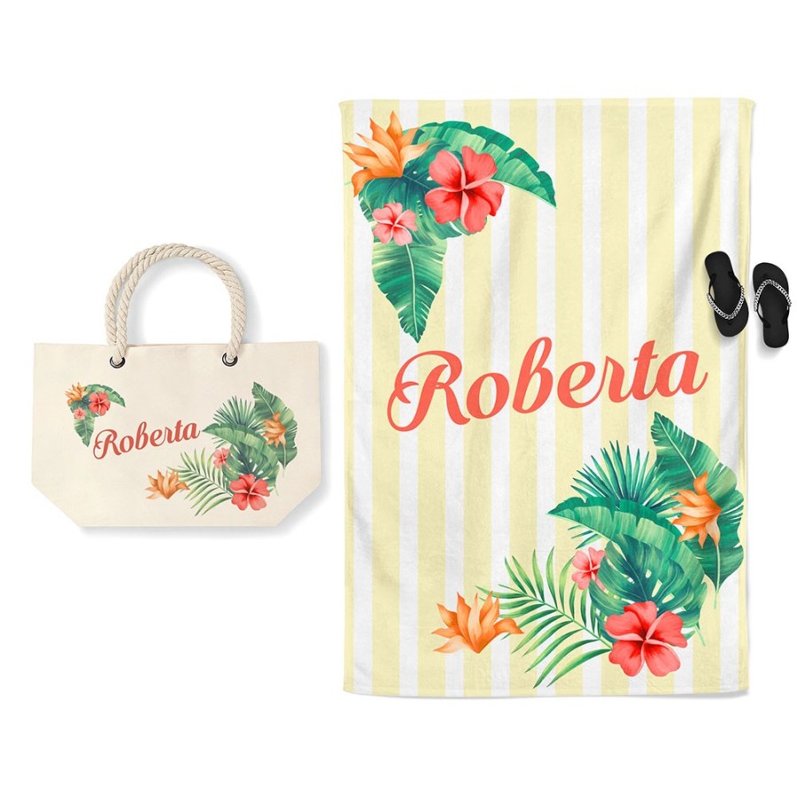 Coordinato telo e borsa mare personalizzato con nome fiori tropicali Summer