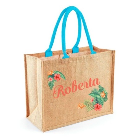 Borsa mare in juta fiori tropicali personalizzata con nome