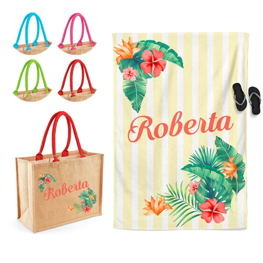 Coordinato telo e borsa mare personalizzato con nome fiori tropicali  Summer