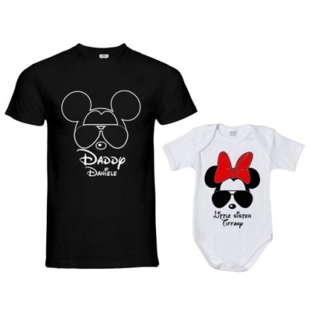 Coordinato t-shirt padre figlia personalizzato con nome daddy mickey little sister minnie Per il papà