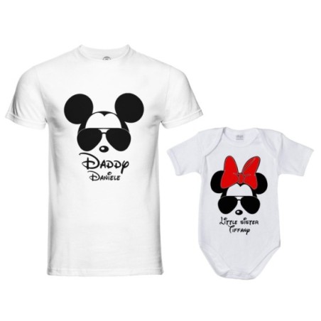 Coordinato t-shirt padre figlia personalizzato con nome daddy mickey little sister minnie Per il papà