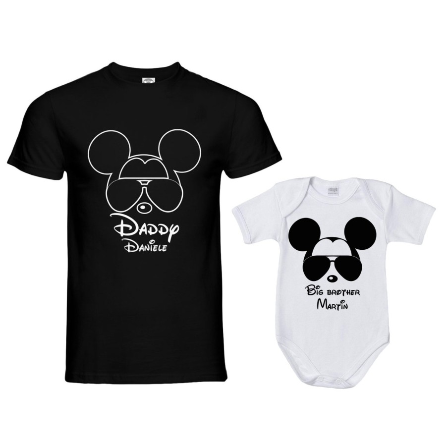 Coordinato t-shirt padre figlio personalizzato con nome daddy mickey little brother mickey Per il papà