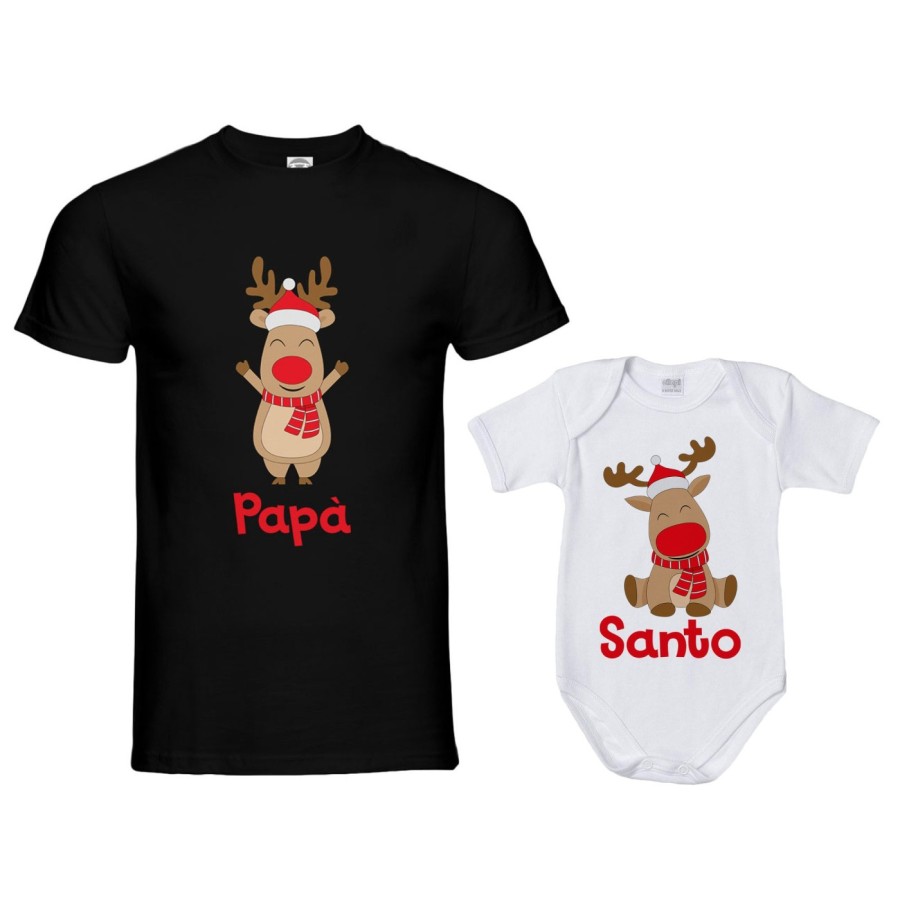 Coordinato t-shirt e body neonato padre figlio personalizzabile con nome rudolph family Natale