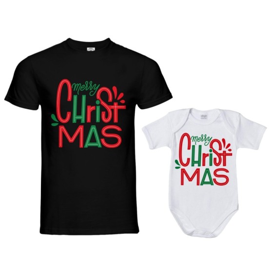 Coordinato t-shirt e body neonato padre figlio personalizzabile con nomi merry christmas colorful Natale 2