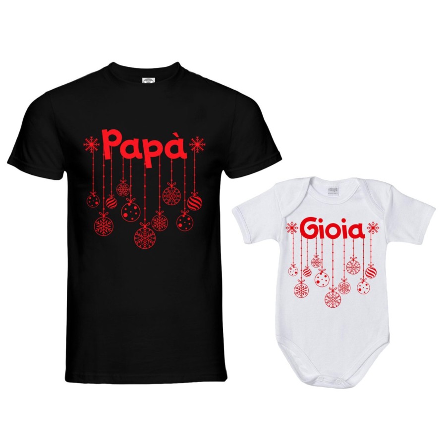 Coordinato t-shirt e body neonato padre figlio personalizzato con nome e addobbi natalizi Natale