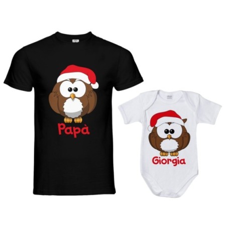 Coordinato t-shirt e body neonato padre figlio personalizzato con nome gufetti natalizi Natale