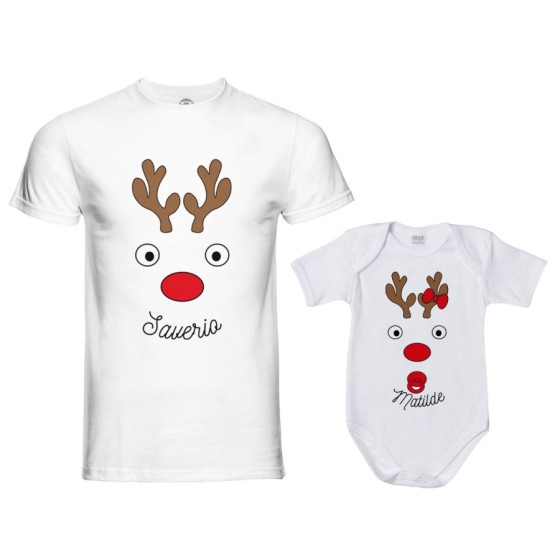 Coordinato t-shirt e body neonato padre figlio personalizzabile con nomi renne natalizie Natale