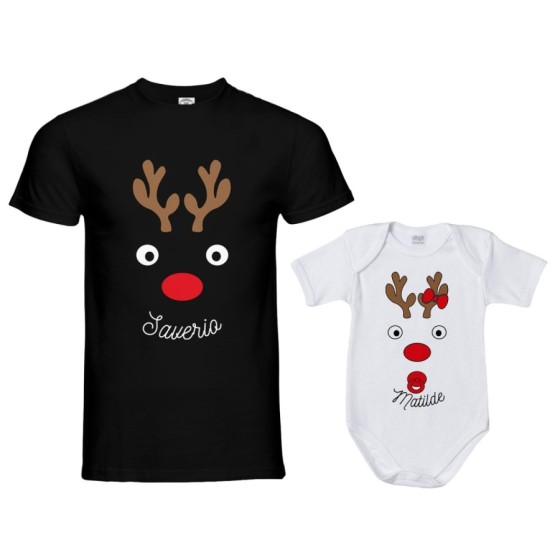 Coordinato t-shirt e body neonato padre figlio personalizzabile con nomi renne natalizie Natale 2