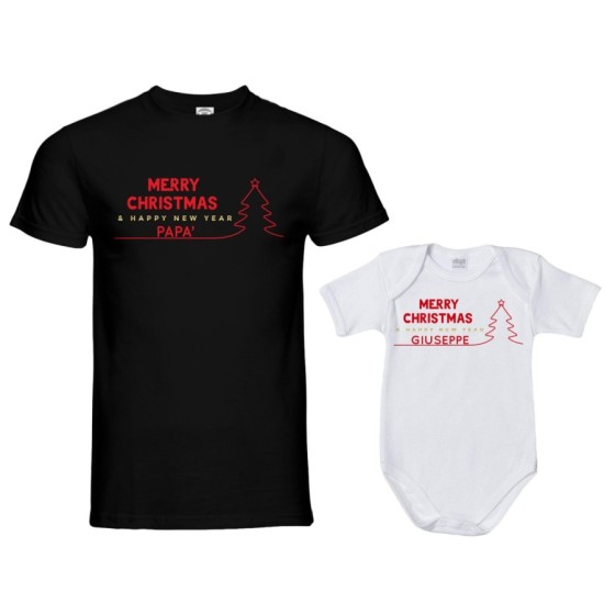 Coordinato t-shirt body padre figlio personalizzato con nome merry christmas and happy new year Natale 2