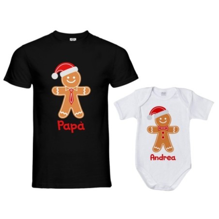 Coordinato t-shirt e body neonato padre figlio personalizzabile con nome omini di pan di zenzero Natale