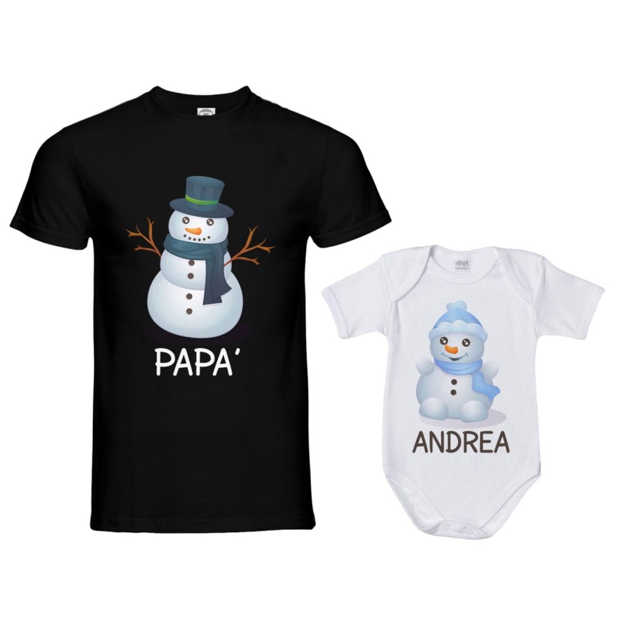 Coordinato t-shirt e body neonato padre figlio personalizzabile con nomi pupazzi di neve Natale