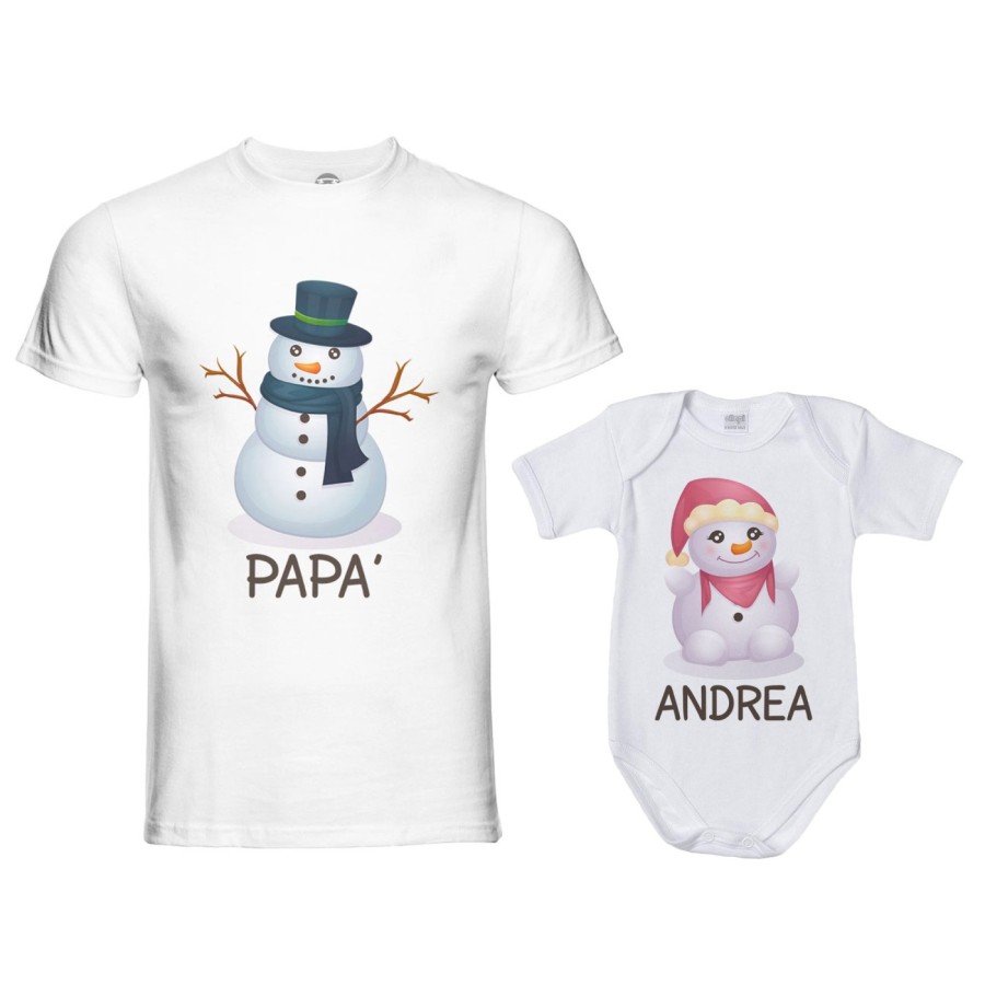 Coordinato t-shirt e body neonato padre figlio personalizzabile con nomi pupazzi di neve Natale