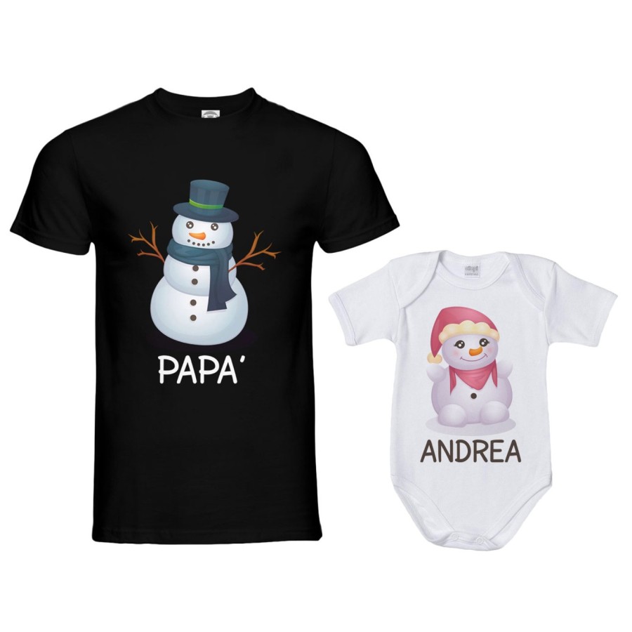 Coordinato t-shirt e body neonato padre figlio personalizzabile con nomi pupazzi di neve Natale