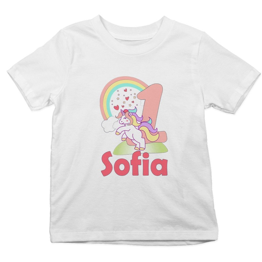 T-shirt bambino personalizzata con nome festa a tema unicorno e arcobaleno Compleanno
