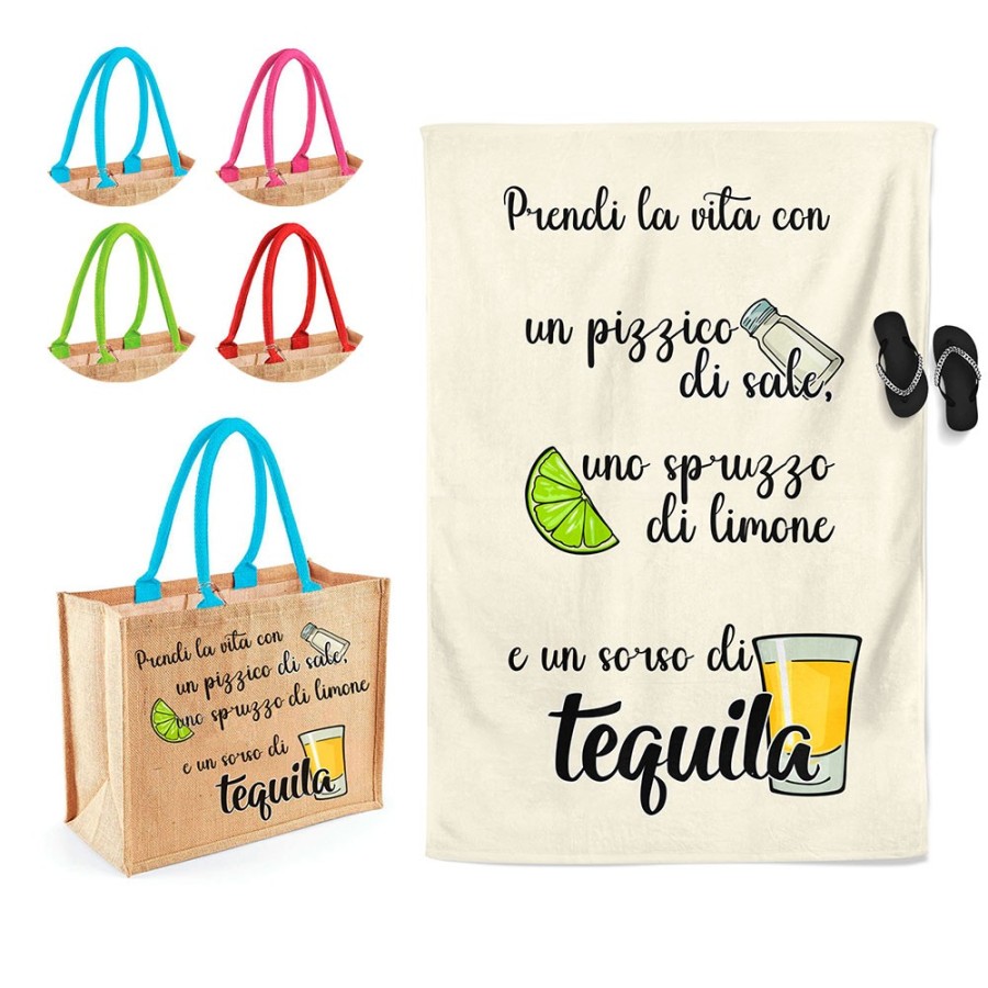 Coordinato telo borsa mare personalizzabile prendi la vita con pizzico di sale spruzzo di limone sorso di tequila Cocktail