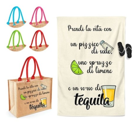 Coordinato telo borsa mare personalizzabile prendi la vita con pizzico di sale spruzzo di limone sorso di tequila Cocktail