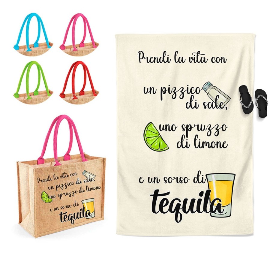 Coordinato telo borsa mare personalizzabile prendi la vita con pizzico di sale spruzzo di limone sorso di tequila Cocktail