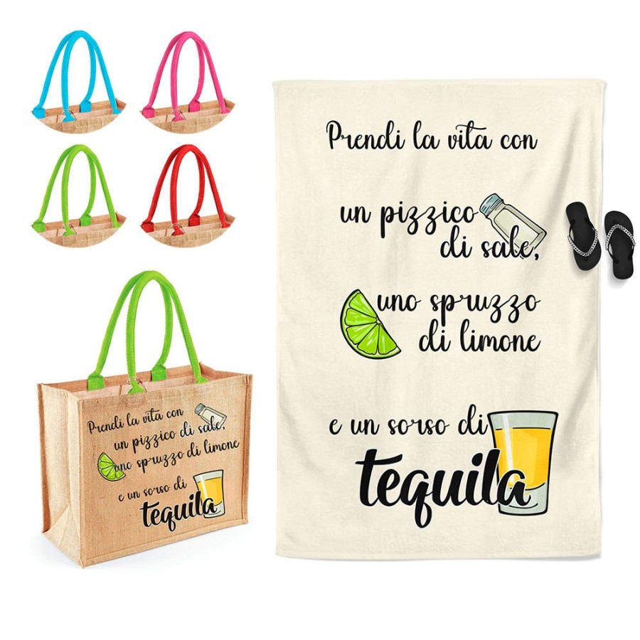 Coordinato telo borsa mare personalizzabile prendi la vita con pizzico di sale spruzzo di limone sorso di tequila Cocktail
